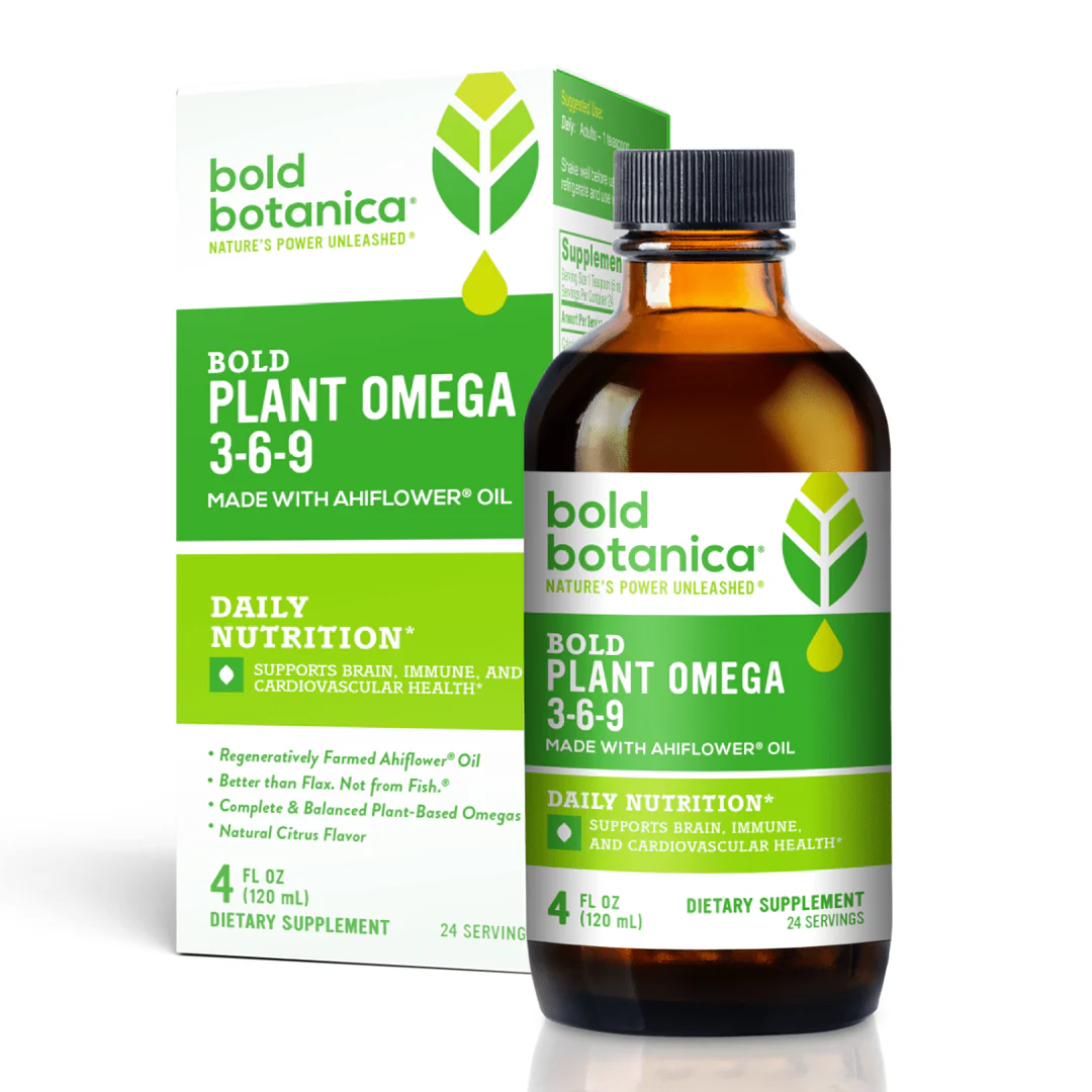 Bold Botanica Bold Plant Omega 3-6-9: Amber bottle, black cap, green/white label, leaf & oil-drop art; 4 fl oz.